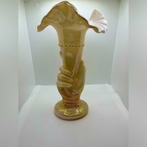 Vintage Fenton Carnival Amber Cased Golden Iridescent Art Glass Hand Ruffle Vase